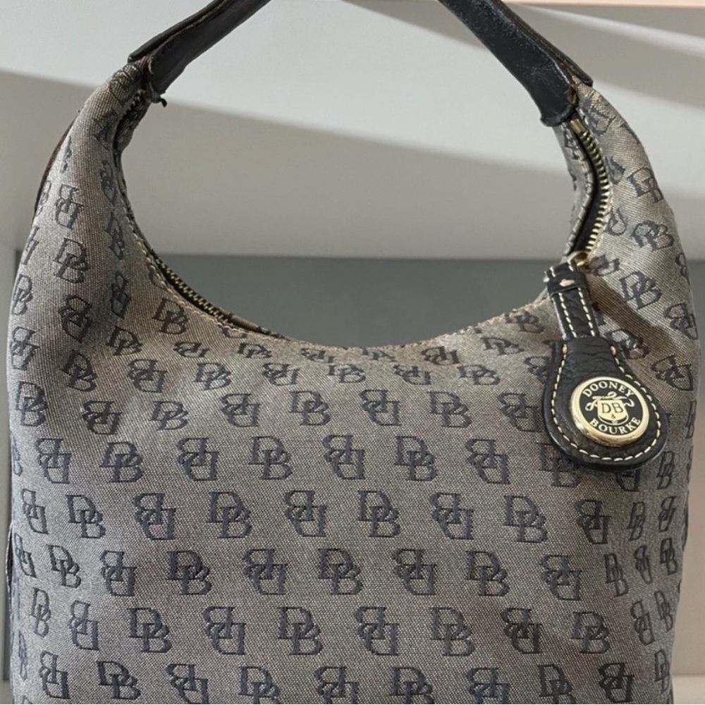 Dooney & Bourke Gray Signature Print Mini Hobo Bag w/Black Pebbled Leather Trim - Picture 2 of 11